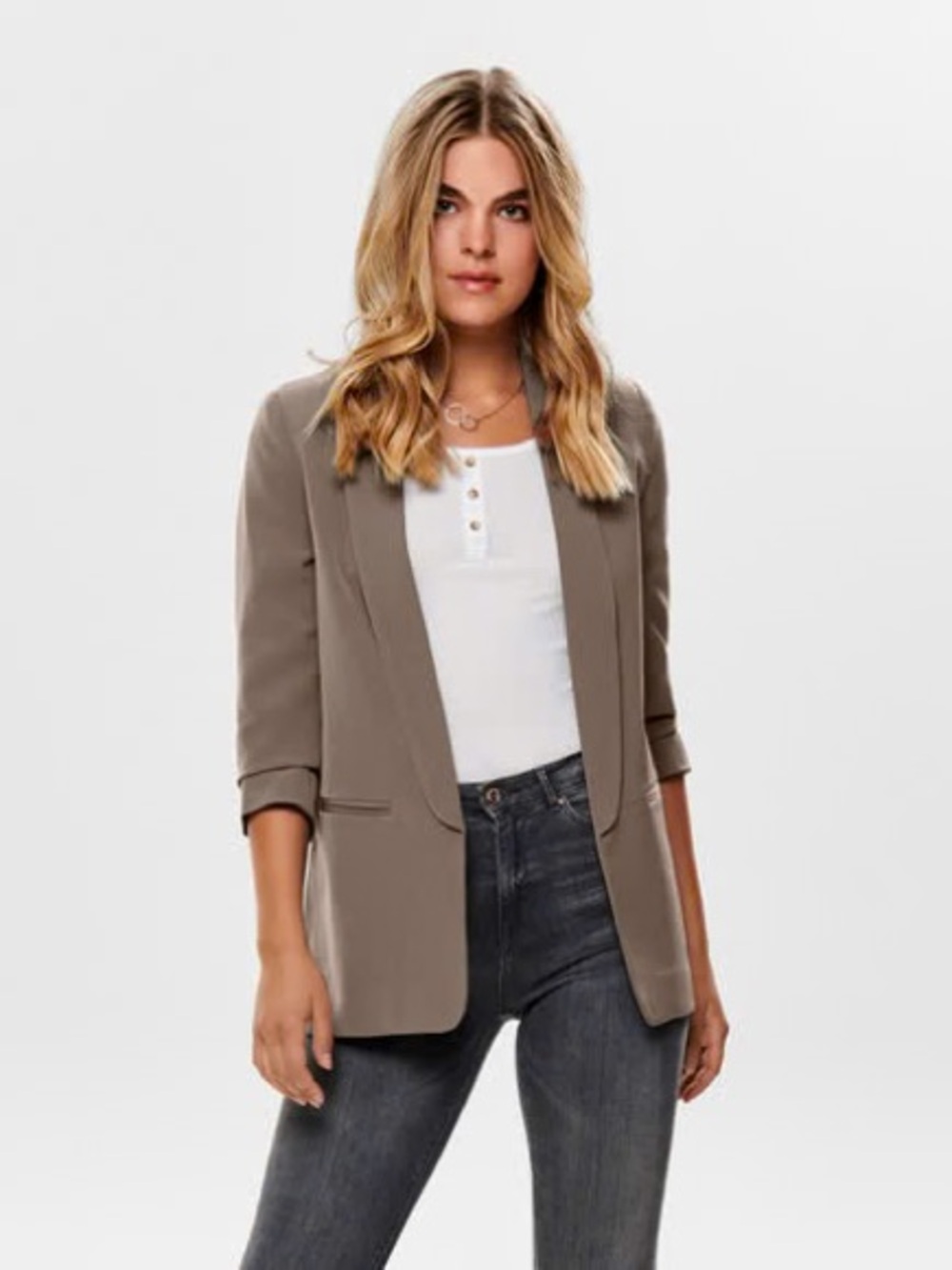 ONLY Taupe Gray Open-Front Blazer Jacket with 3/4 sleeves